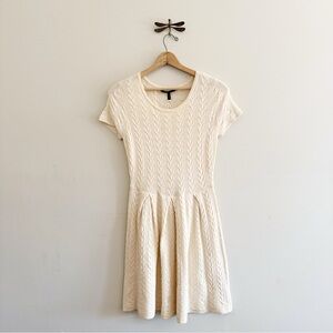 BcbgMaxazria Wool Cream Cable-knit Short Sleeve Pleated Shin Length Dress Medium